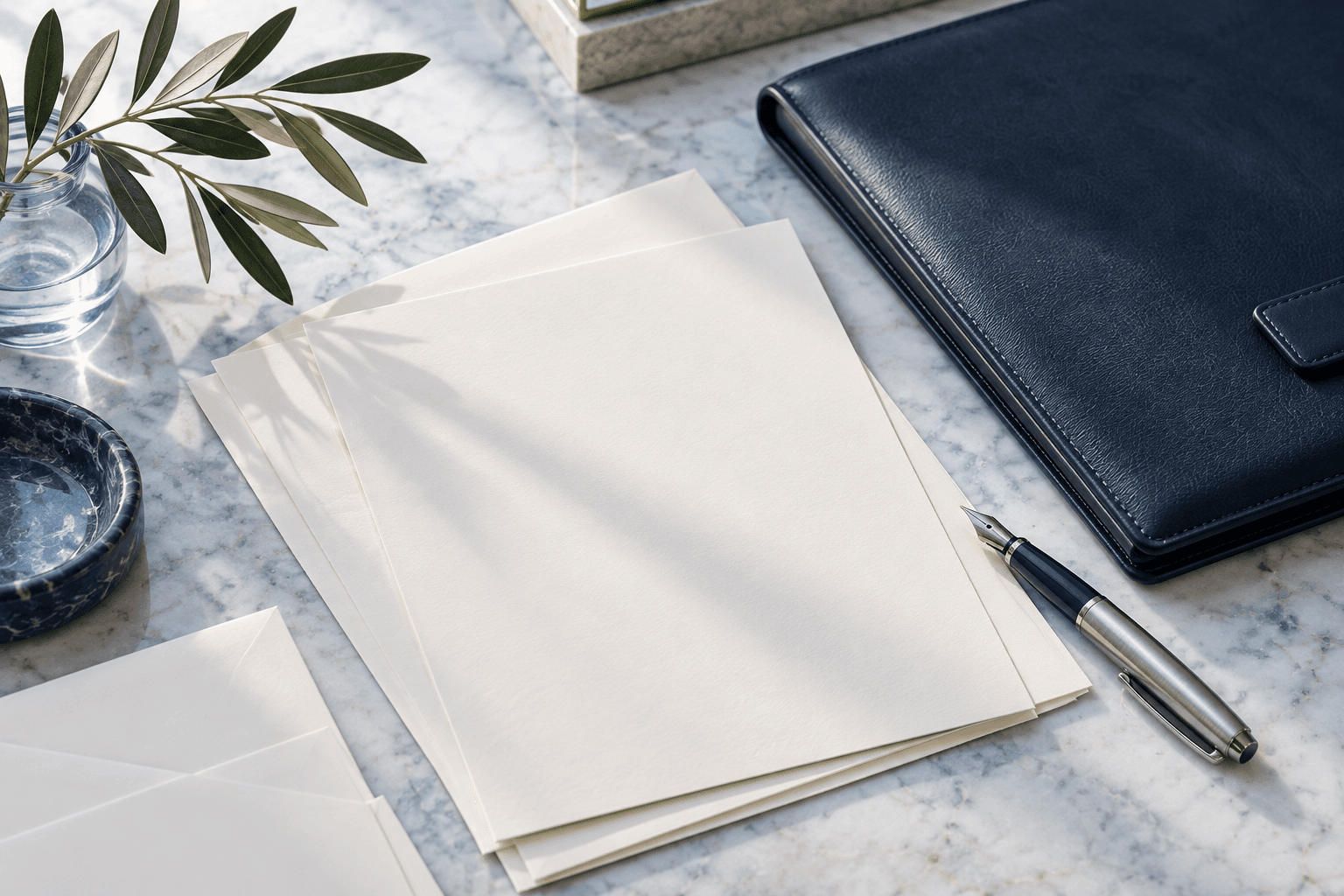 An ivory document folder and navy pen arranged on a light desk
